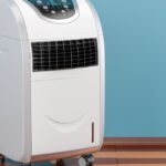 Portable Air Conditioner in room on the wooden floor, 3D rendering