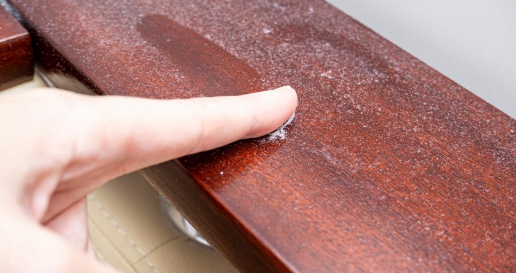 A finger swiping dust from furniture, dusty home concept