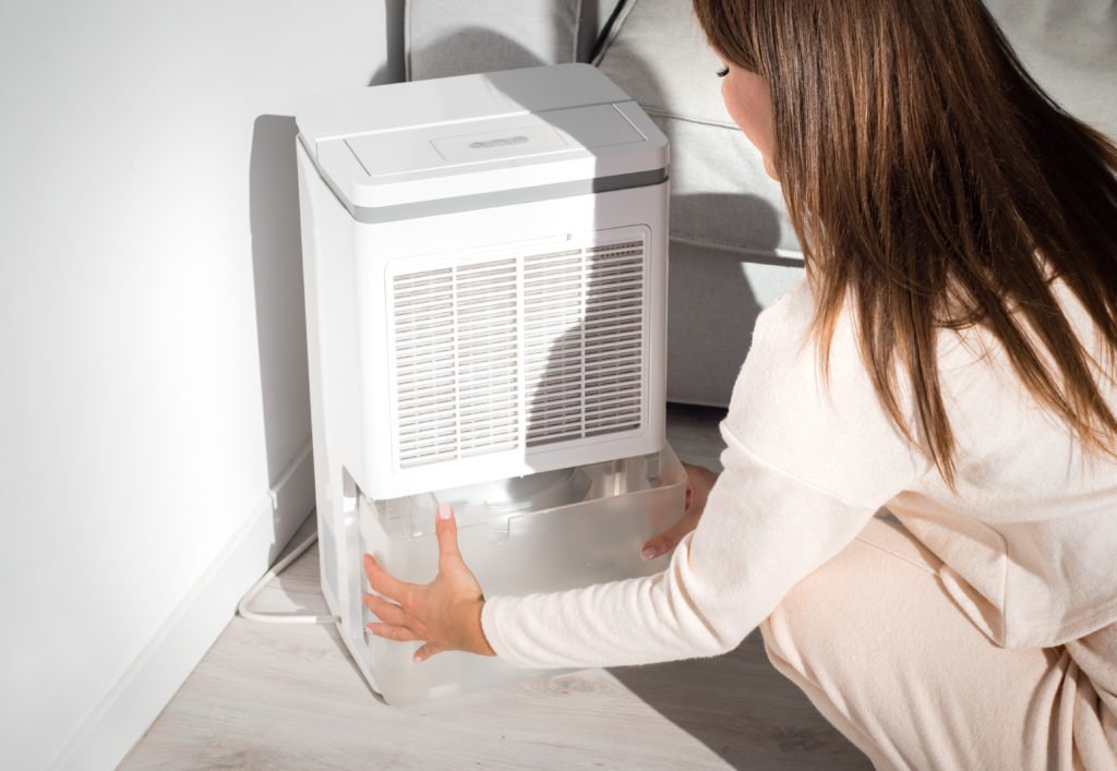 Woman changing water container in air dryer, dehumidifier, humidity indicator. Humid air at home. Fresh air at home.
