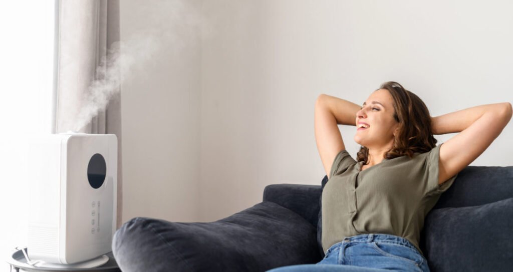Attractive curly young woman using air humidifier at home