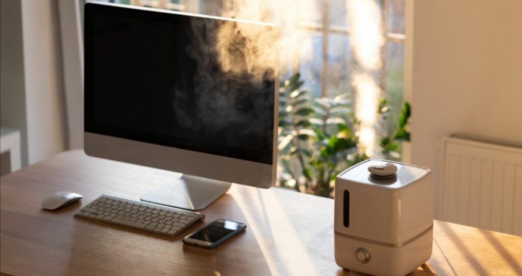 Close up of desktop air purifier and aroma oil diffuser on desk at home