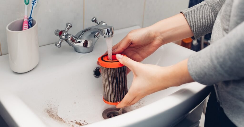 washing dirty filter with water